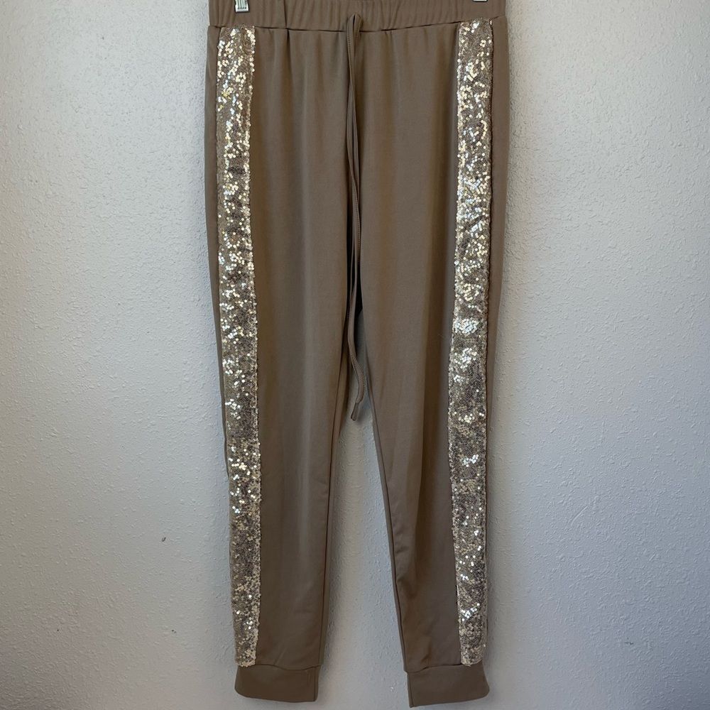 NWOT Tan and Gold Sequin Casual Pants Size L